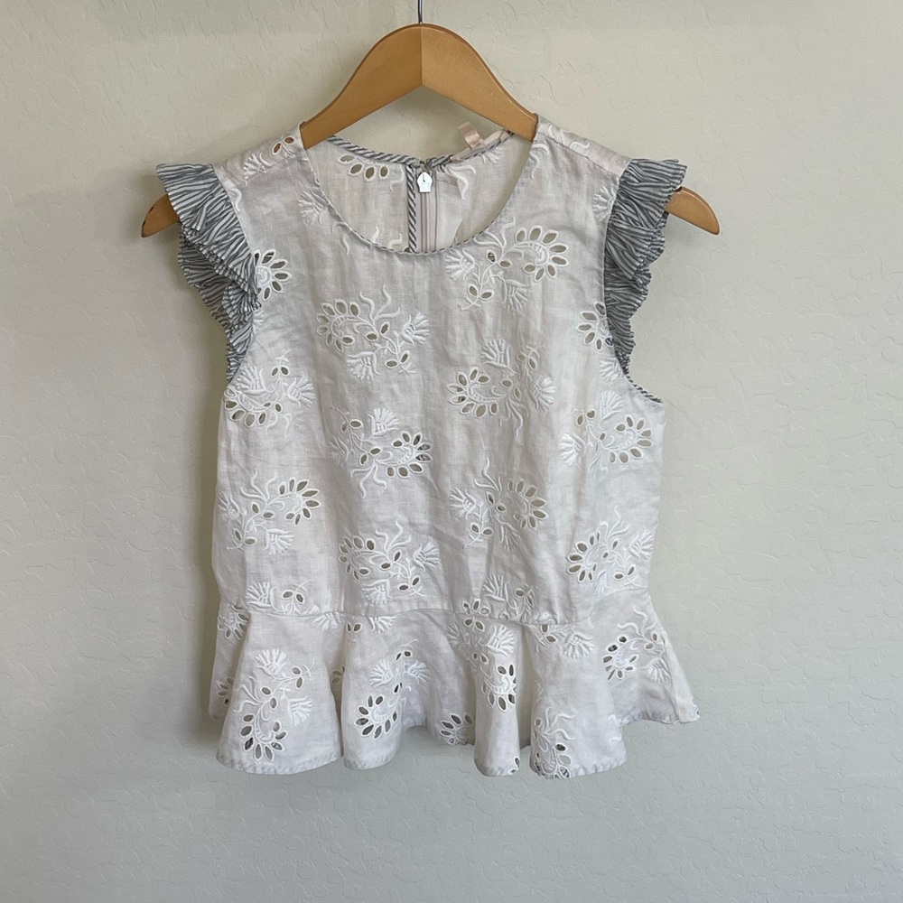 Rebecca Taylor Elegant White Eyelet Ruffle Sleeve Top